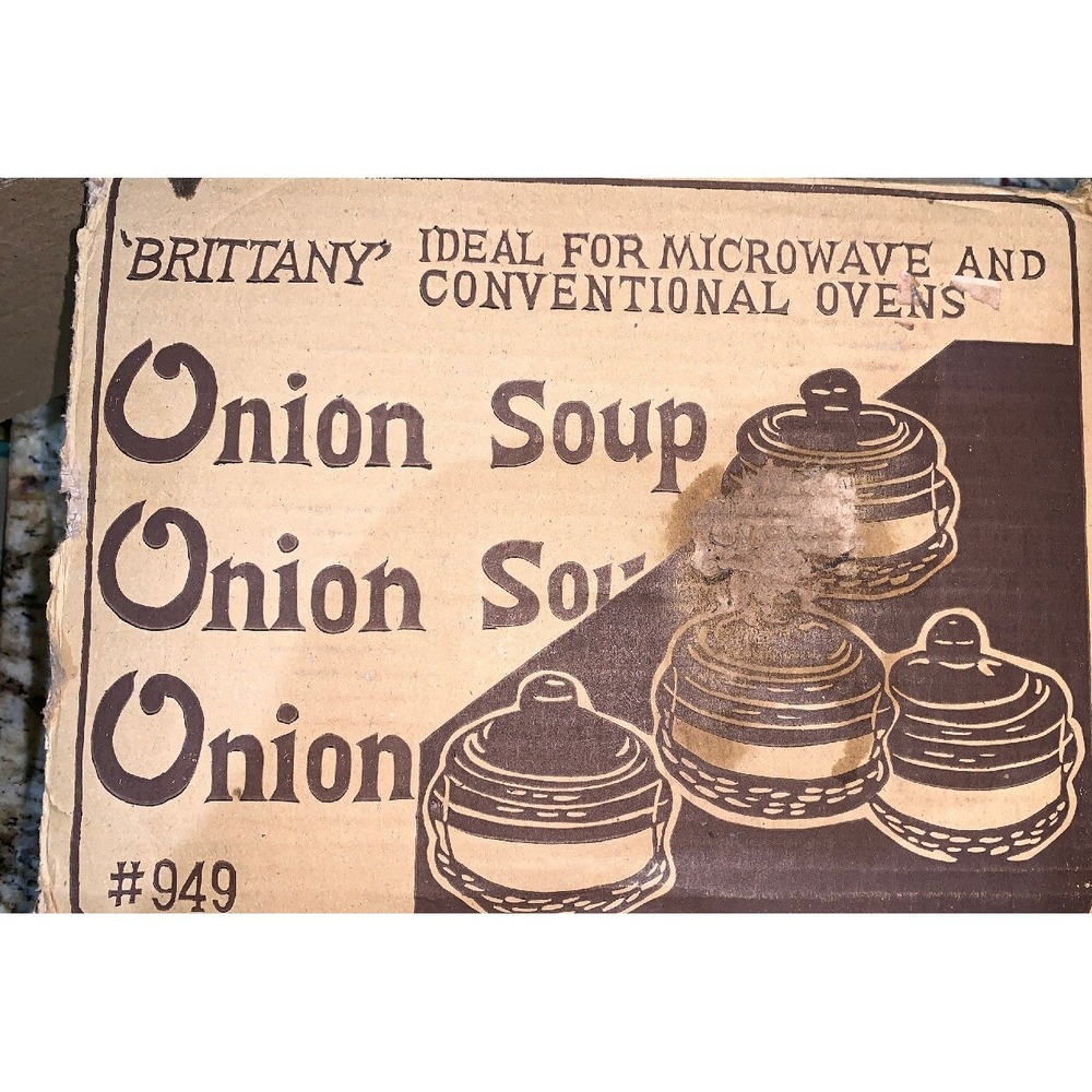 Onion Soup Stoneware Bowls Set Of 4 Rattan Trivets Vintage - Picture 6 of 9